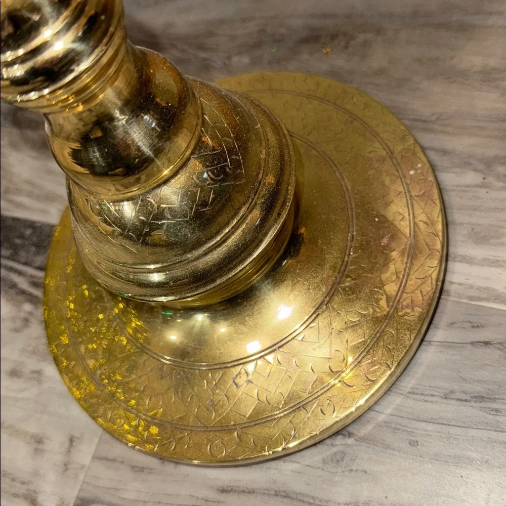 Vintage Tall ornate Etched Shiny Brass Vase 17 in w glittery gold arrangement
